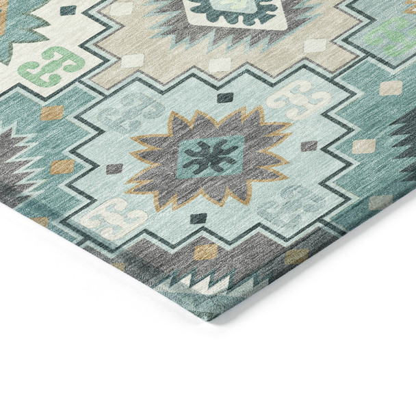 10' X 14' Teal Blue Beige And Ivory Southwestern Washable Indoor Outdoor Area Rug