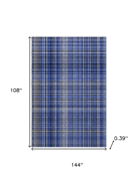 9' X 12' Navy Blue And Gray Plaid Washable Area Rug With UV Protection