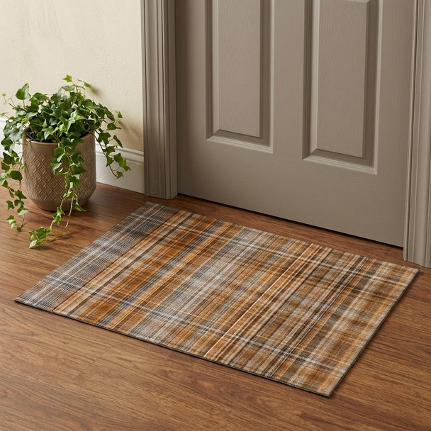 3' X 5' Terra Cotta And Gray Plaid Washable Area Rug With UV Protection