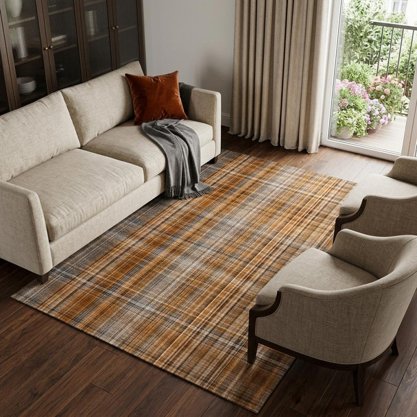 8' X 10' Terra Cotta And Gray Plaid Washable Area Rug With UV Protection