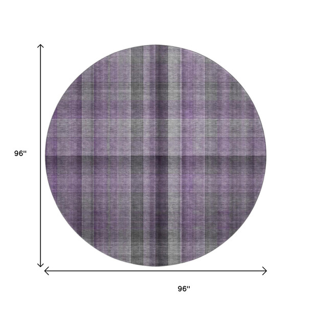 8' Purple And Gray Plaid Washable Round Rug With UV Protection