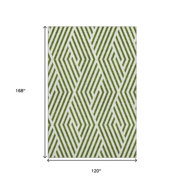 10' X 14' Olive Green And Ivory Geometric Washable Area Rug With UV Protection