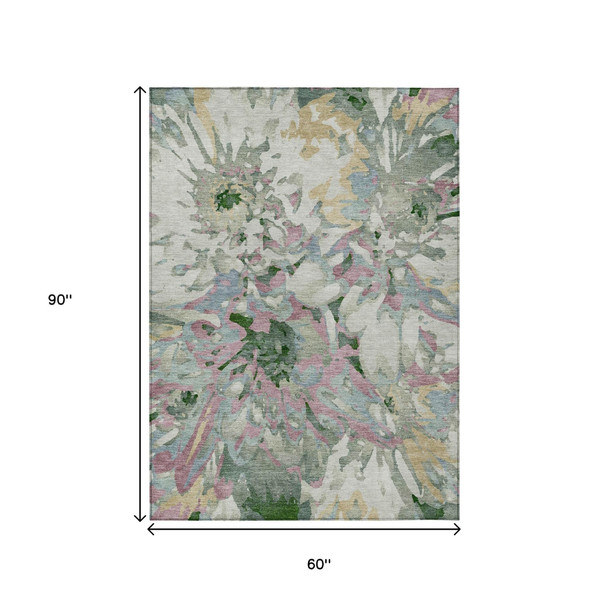 5' X 8' Sage Gold And Emerald Floral Washable Indoor Outdoor Area Rug
