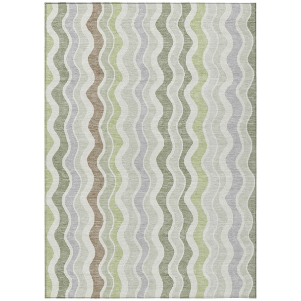 5' X 8' Artichoke Green Ivory And Brown Striped Washable Indoor Outdoor Area Rug