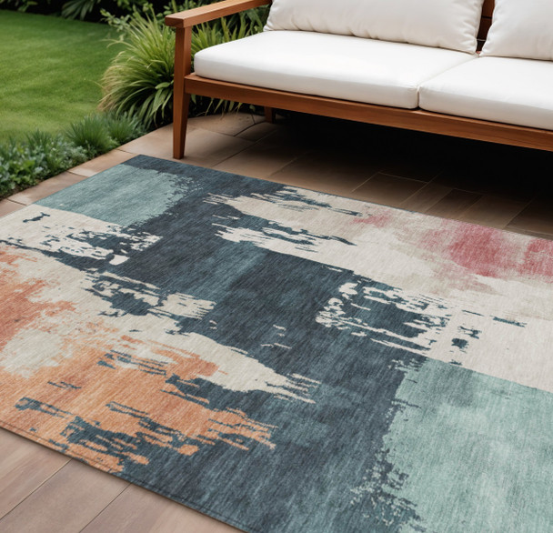 8' X 10' Teal Blue Pink And Orange Abstract Washable Indoor Outdoor Area Rug