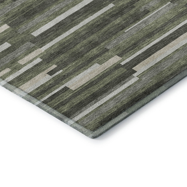 9' X 12' Olive Green Ivory And Gray Striped Washable Area Rug With UV Protection