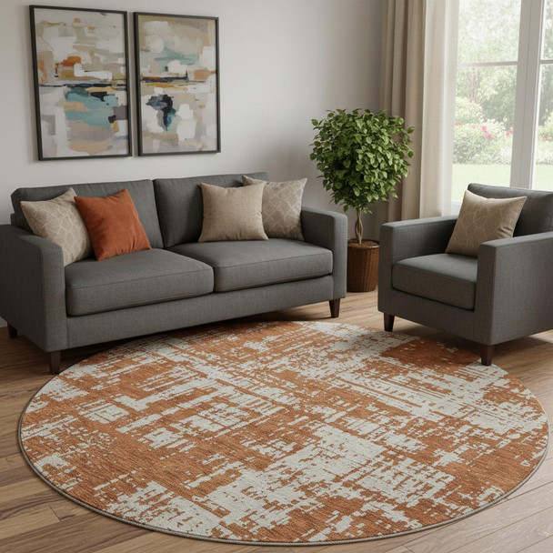 8' Rust And Beige Abstract Washable Round Rug With UV Protection