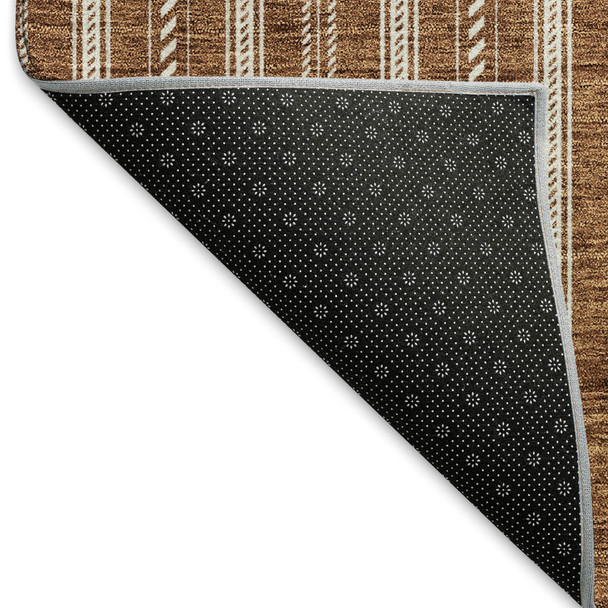 10' X 14' Terra Cotta And Beige Striped Washable Area Rug With UV Protection