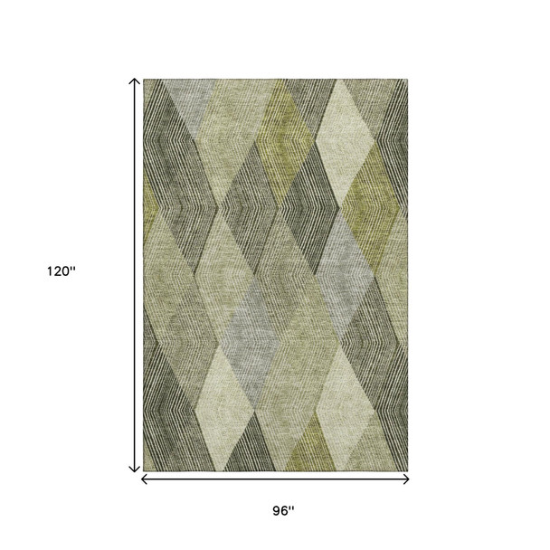 8' X 10' Olive Green Gray And Ivory Geometric Washable Area Rug With UV Protection