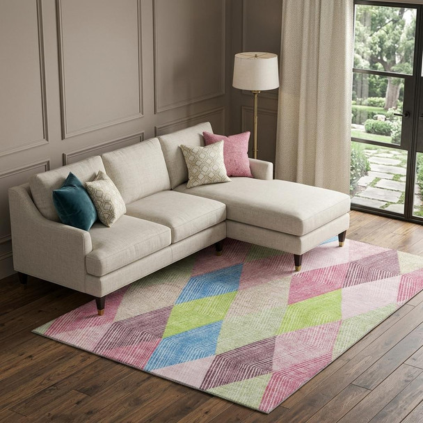 9' X 12' Pink Lime Green And Blue Geometric Washable Area Rug With UV Protection