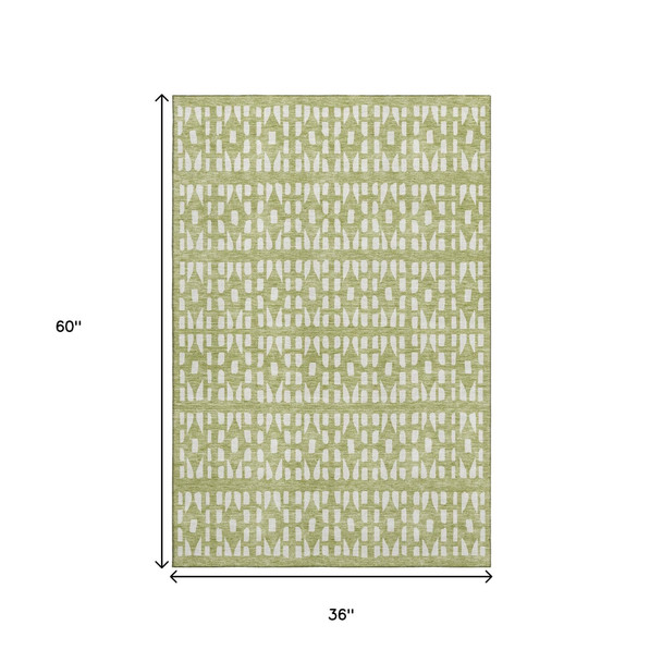 3' X 5' Artichoke Green And Ivory Geometric Washable Area Rug With UV Protection