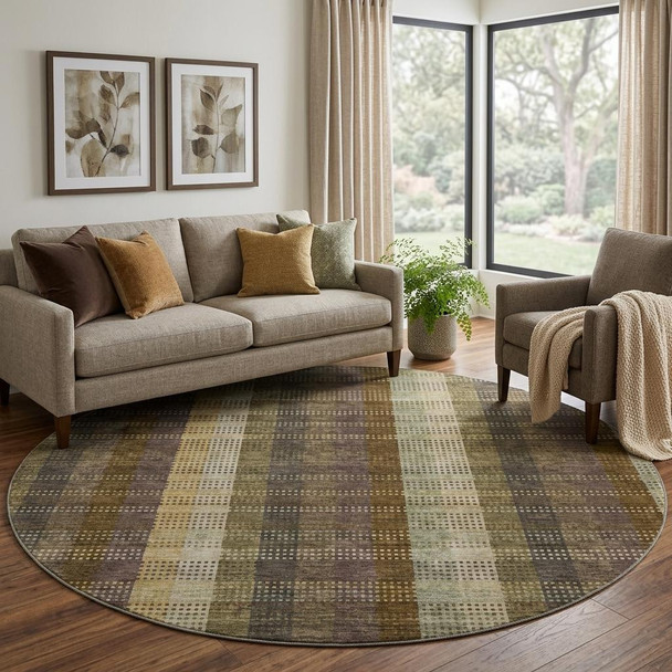 8' Brown Ivory And Plum Plaid Washable Round Rug With UV Protection