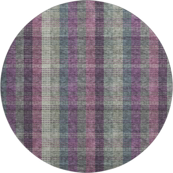 8' Plum Sage And Gray Plaid Washable Round Rug With UV Protection