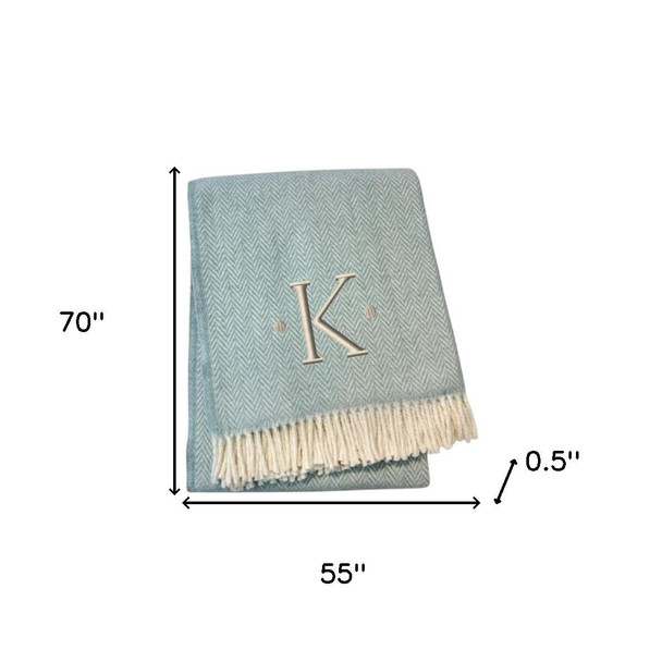 55" X 70" Sky Blue And White Herringbone Cotton Blend K Initial Throw Blanket with Tassels And Embroidery
