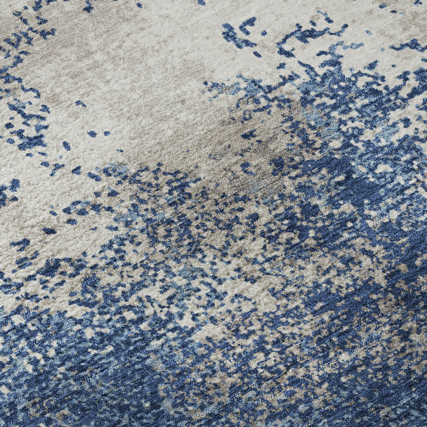 8' Navy Blue And Ivory Abstract Washable Round Rug With UV Protection