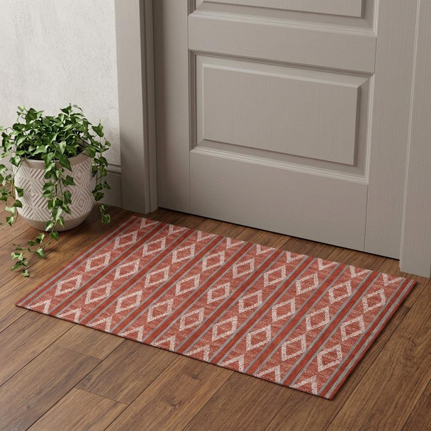 3' X 5' Red And Ivory Geometric Washable Area Rug With UV Protection