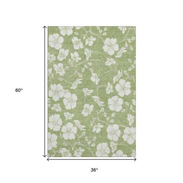 3' X 5' Artichoke Green And Ivory Floral Washable Area Rug With UV Protection