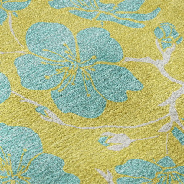 9' X 12' Yellow And Aqua Floral Washable Area Rug With UV Protection