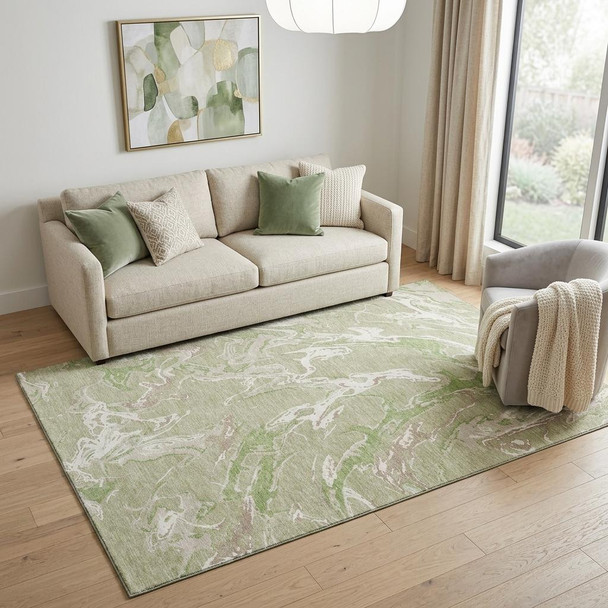 5' X 8' Artichoke Green Taupe And Ivory Abstract Washable Area Rug With UV Protection