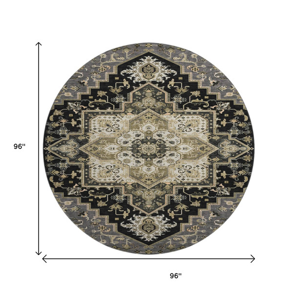 8' Black Gold And Beige Oriental Washable Round Rug With UV Protection