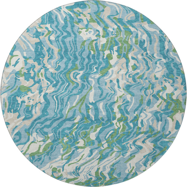 8' Teal Green And Ivory Abstract Washable Round Rug With UV Protection