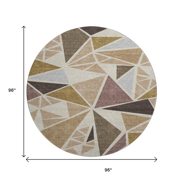 8' Beige Brown And Mauve Geometric Washable Round Rug With UV Protection