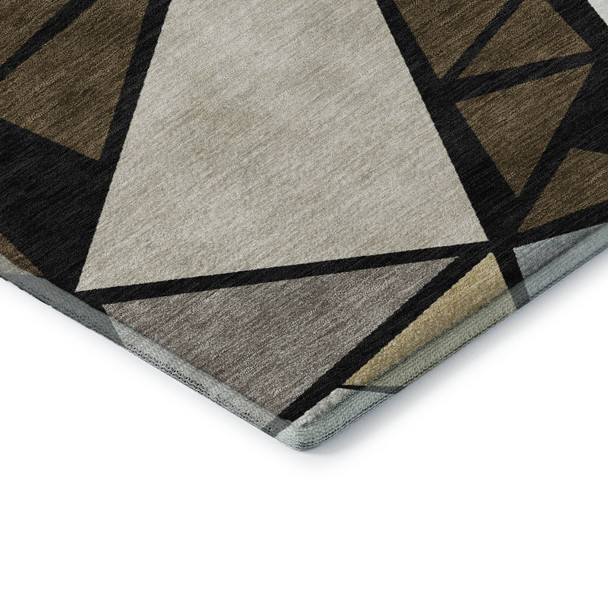 8' Brown Black And Ivory Geometric Washable Round Rug With UV Protection