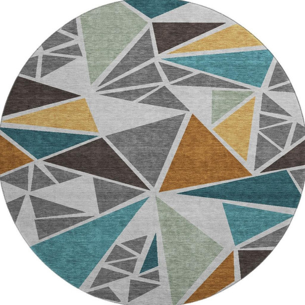 8' Gray Teal And Copper Geometric Washable Round Rug With UV Protection