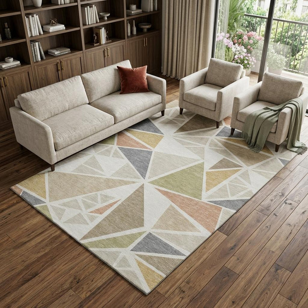 10' X 14' Ivory Gold And Green Geometric Washable Area Rug With UV Protection