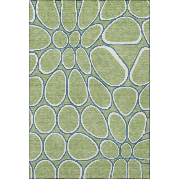 5' X 8' Artichoke Green Ivory And Blue Geometric Washable Area Rug With UV Protection