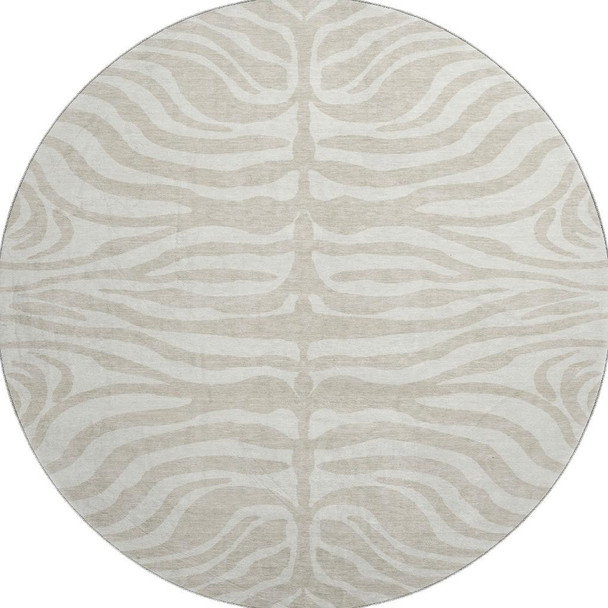 8' Beige And Ivory Animal Print Washable Round Rug With UV Protection