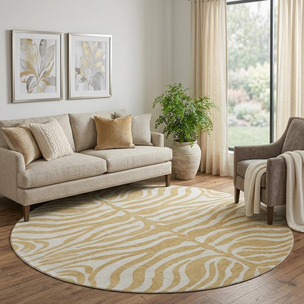 8' Gold And Ivory Animal Print Washable Round Rug With UV Protection