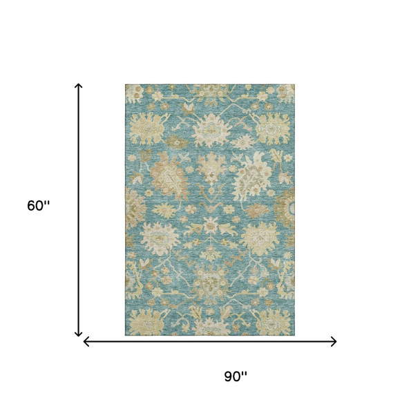 5' X 8' Teal Beige And Copper Floral Medallion Washable Area Rug With UV Protection
