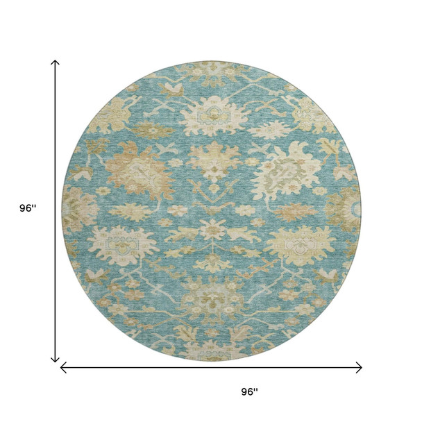 8' Teal Beige And Copper Floral Medallion Washable Round Rug With UV Protection
