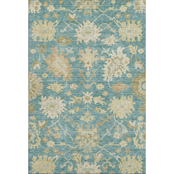 9' X 12' Teal Beige And Copper Floral Medallion Washable Area Rug With UV Protection