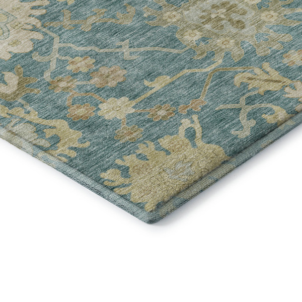 10' X 14' Teal Beige And Copper Floral Medallion Washable Area Rug With UV Protection