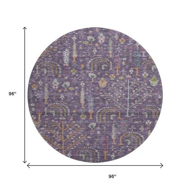 8' Eggplant Orange And Green Floral Washable Round Rug With UV Protection