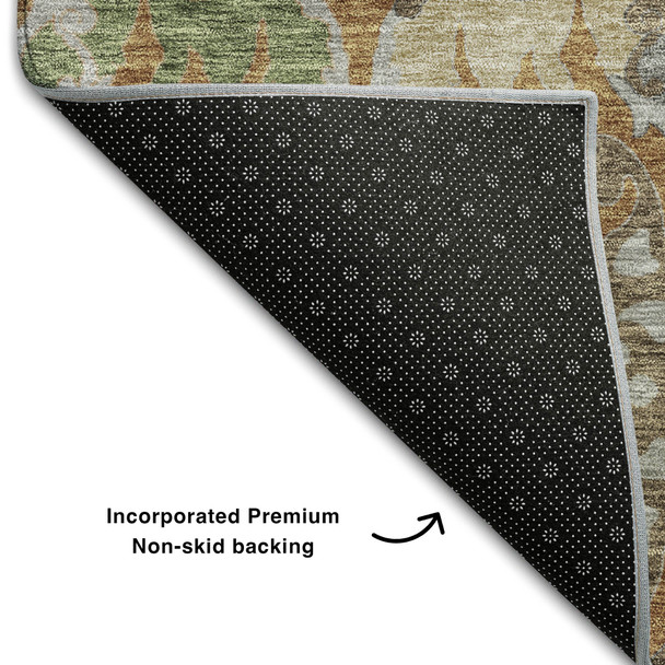 5' X 8' Copper Gray And Olive Green Floral Washable Area Rug With UV Protection