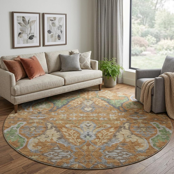 8' Copper Gray And Olive Green Floral Washable Round Rug With UV Protection