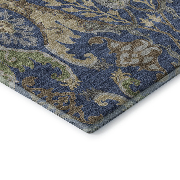 3' X 5' Navy Blue Olive Green And Brown Floral Washable Area Rug With UV Protection