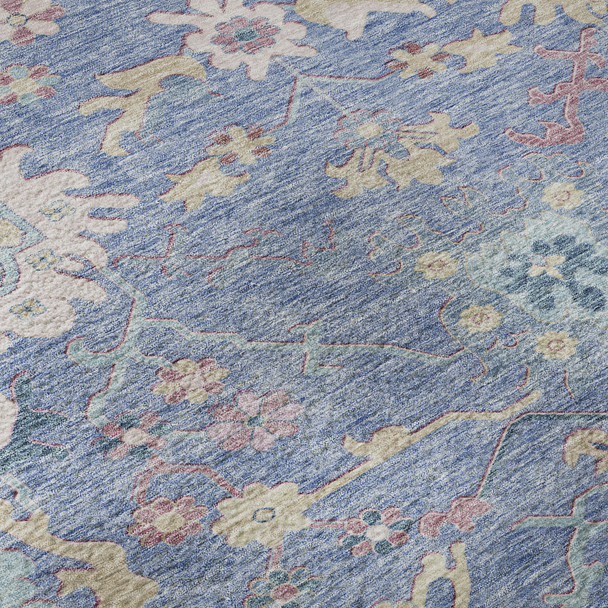 3' X 5' Blue Blush And Gold Floral Washable Area Rug With UV Protection