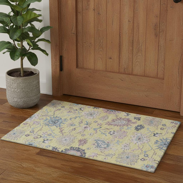 3' X 5' Yellow Blue And Blush Floral Washable Area Rug With UV Protection