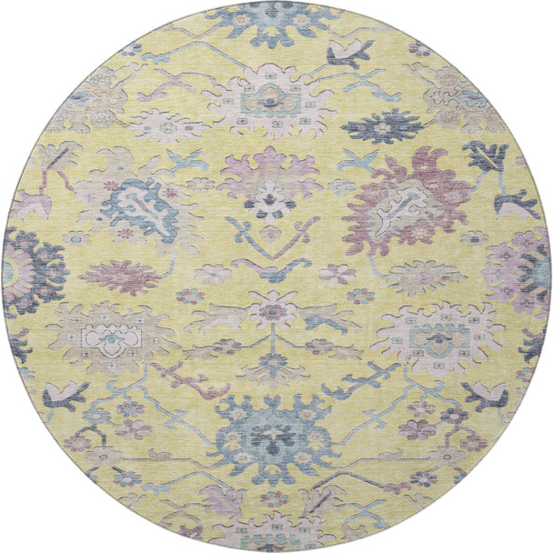 8' Yellow Blue And Blush Floral Washable Round Rug With UV Protection