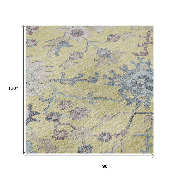 8' X 10' Yellow Blue And Blush Floral Washable Area Rug With UV Protection