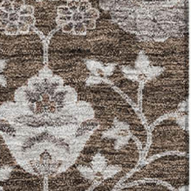 10' X 14' Chocolate Beige And Gray Floral Washable Area Rug With UV Protection