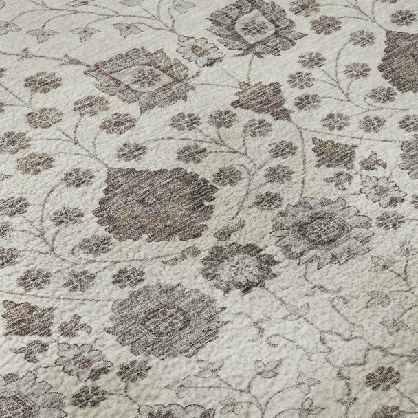 9' X 12' Ivory Brown And Gray Floral Washable Area Rug With UV Protection