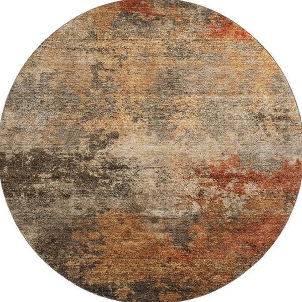 8' Khaki Red And Charcoal Abstract Washable Round Rug With UV Protection