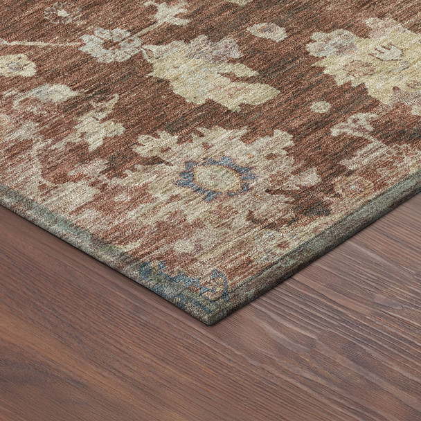 10' X 14' Rust Beige And Blue Floral Washable Indoor Outdoor Area Rug