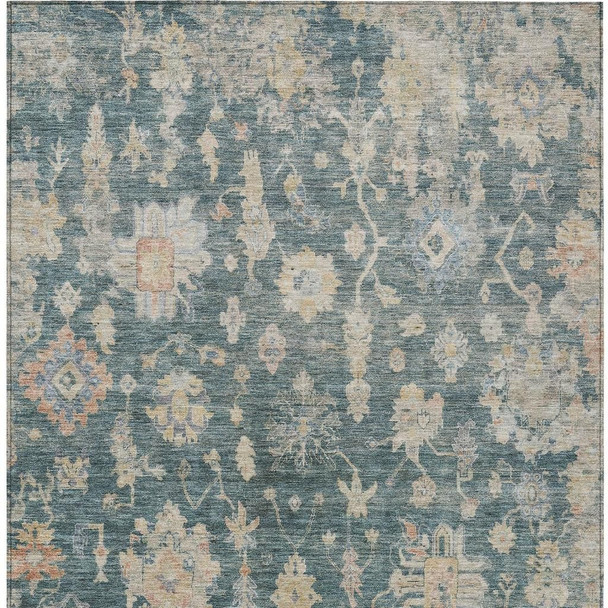 5' X 8' Teal Blue Beige And Gold Floral Washable Indoor Outdoor Area Rug