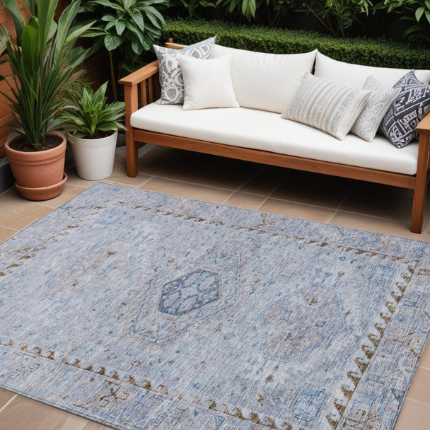 10' X 14' Sky Blue And Brown Medallion Washable Indoor Outdoor Area Rug